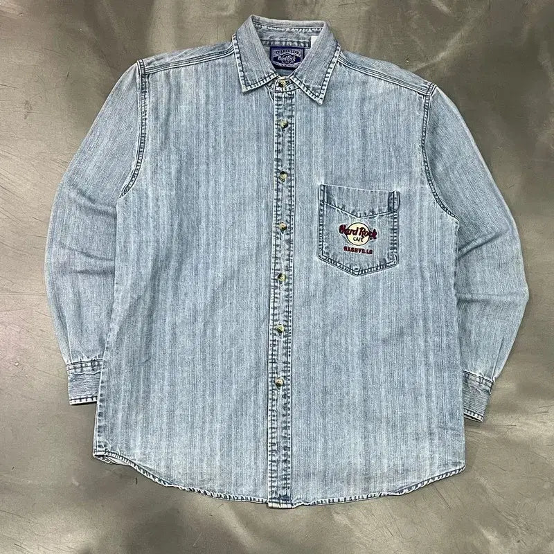 [BUNJANG] Hard Rock Cafe Embroidered Denim Shirt / 하드락카페 자수 데님 셔츠 y15809