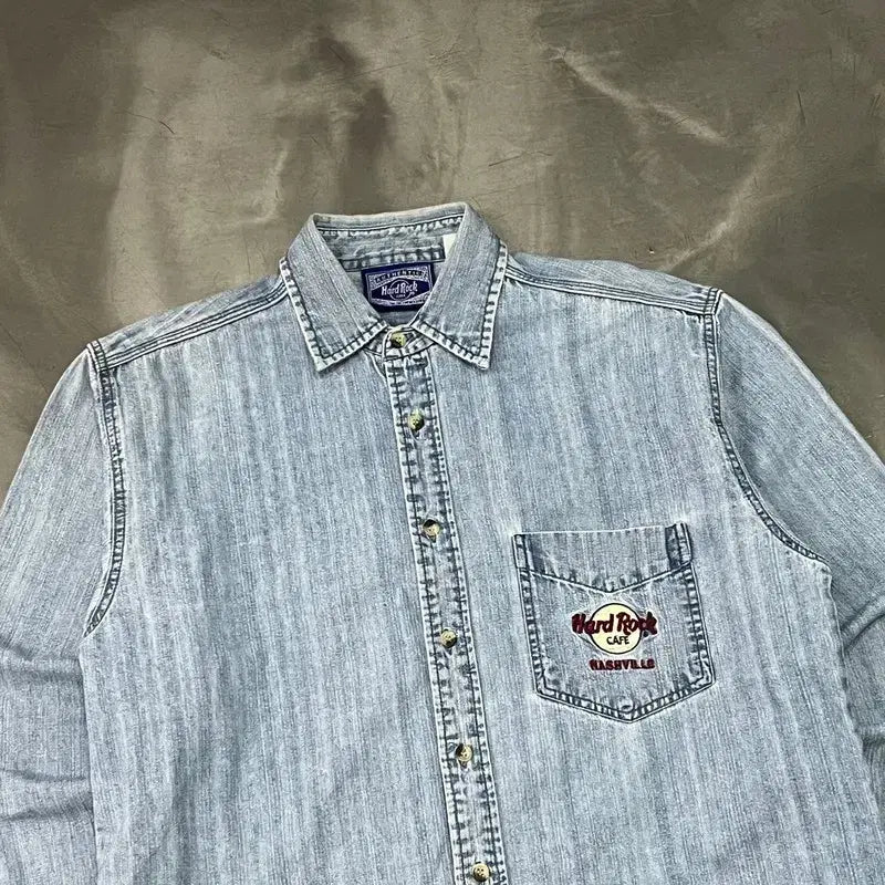 [BUNJANG] Hard Rock Cafe Embroidered Denim Shirt / 하드락카페 자수 데님 셔츠 y15809