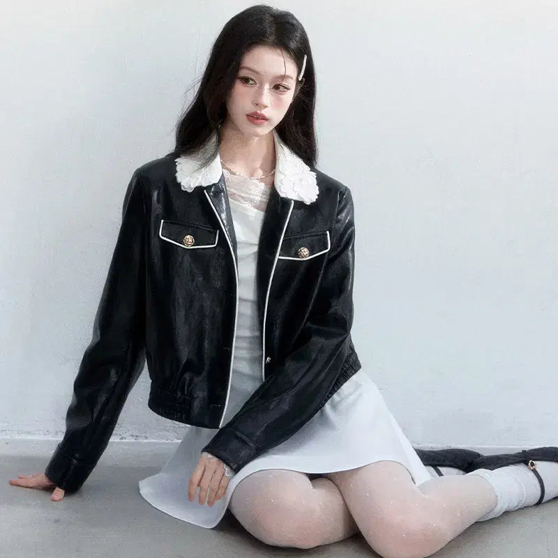[BUNJANG] Fragile Heart Lace Collar Retro Leather Jacket / Fragile heart 프레질하트 레이스 칼라 레트로 가죽 자켓
