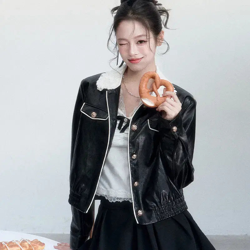 [BUNJANG] Fragile Heart Lace Collar Retro Leather Jacket / Fragile heart 프레질하트 레이스 칼라 레트로 가죽 자켓