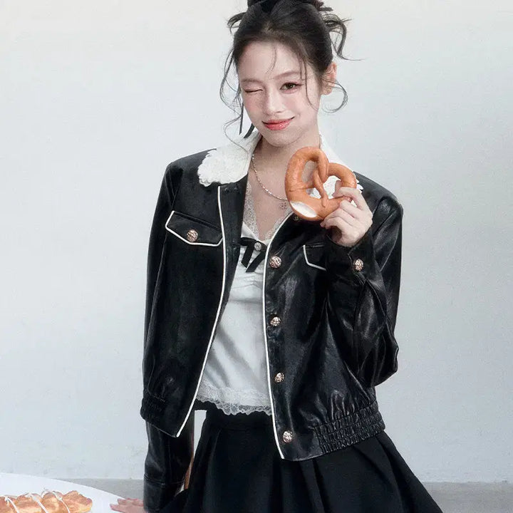 [BUNJANG] Fragile Heart Lace Collar Retro Leather Jacket / Fragile heart 프레질하트 레이스 칼라 레트로 가죽 자켓