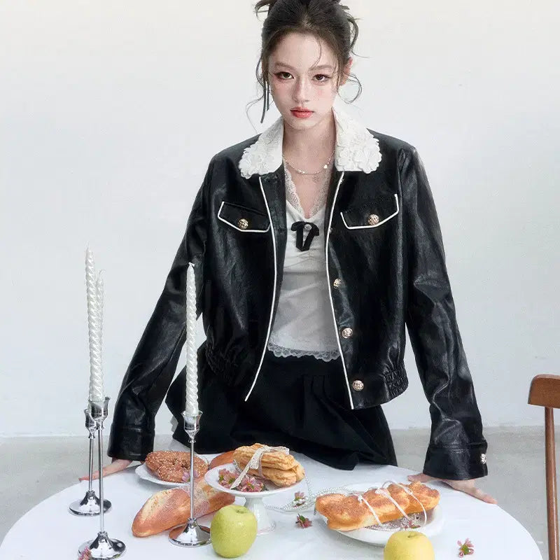 [BUNJANG] Fragile Heart Lace Collar Retro Leather Jacket / Fragile heart 프레질하트 레이스 칼라 레트로 가죽 자켓
