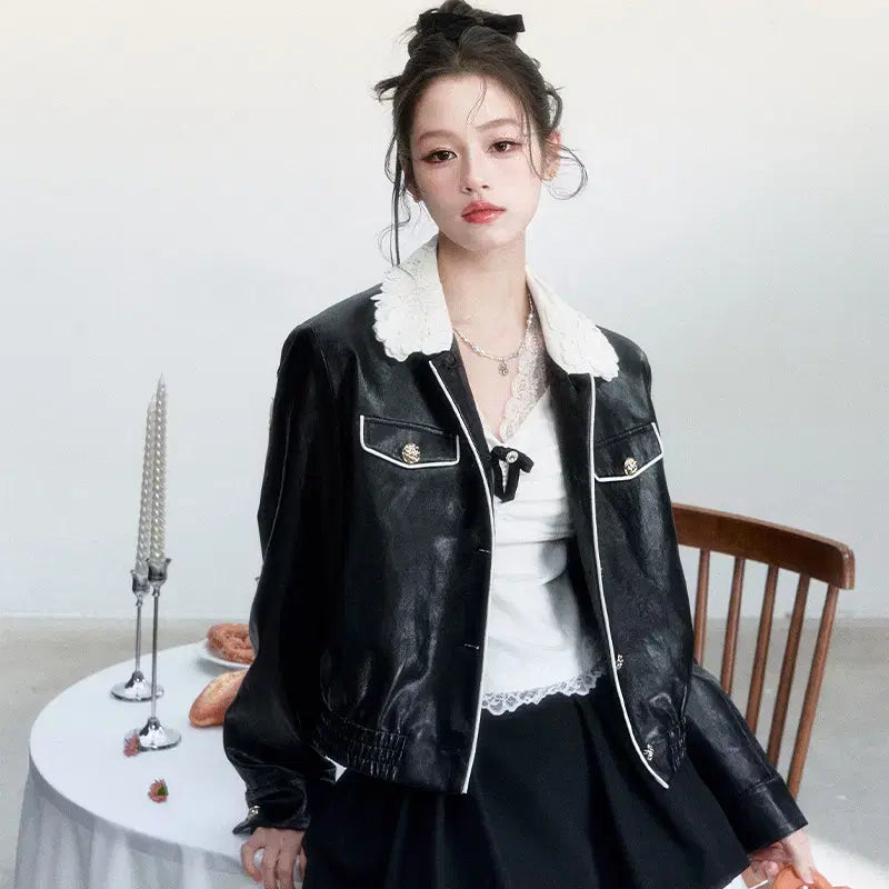 [BUNJANG] Fragile Heart Lace Collar Retro Leather Jacket / Fragile heart 프레질하트 레이스 칼라 레트로 가죽 자켓