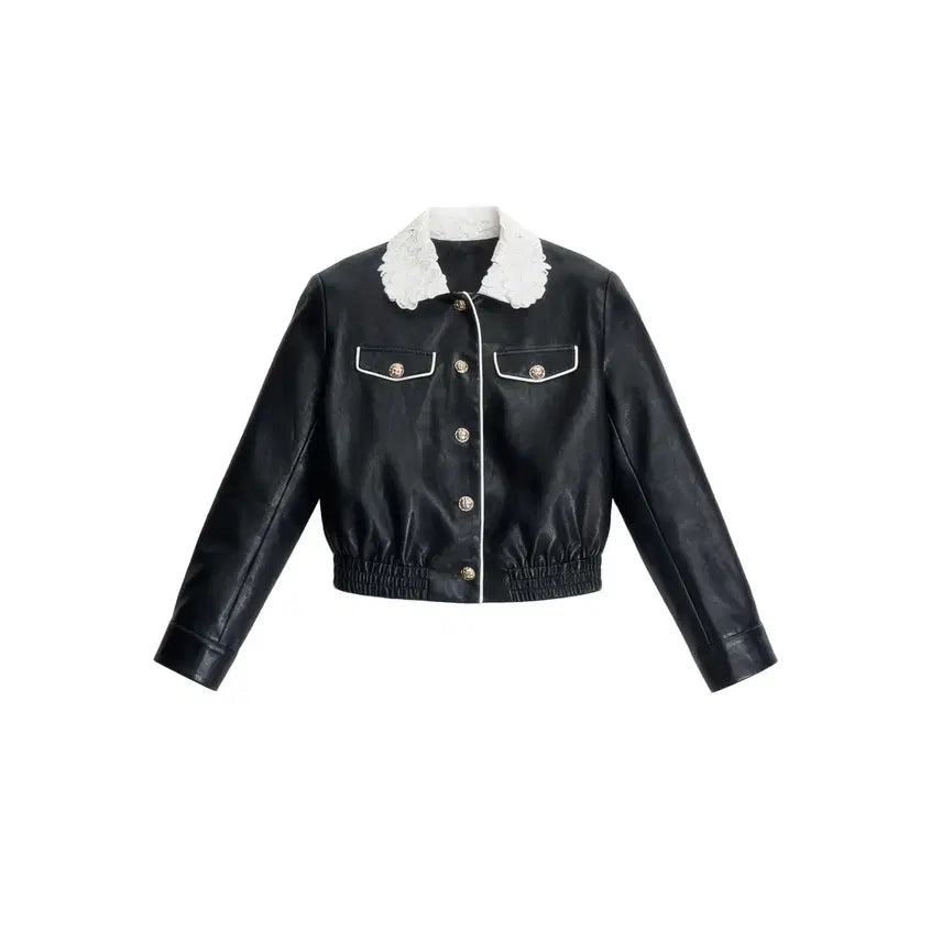 [BUNJANG] Fragile Heart Lace Collar Retro Leather Jacket / Fragile heart 프레질하트 레이스 칼라 레트로 가죽 자켓