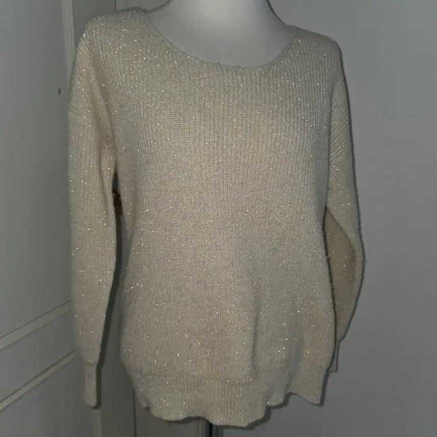 [BUNJANG] Vintage Ivory Glitter Ribbon Knit Sweater / 일본빈티지)빅리본 아이보리 양산형 모리걸st 글리터 로맨틱 니트스웨터