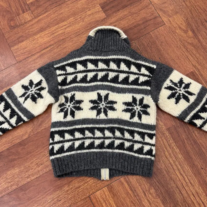[BUNJANG] M Japan Firstdown Snowflake Pattern Heavy Wool Knit Zip-up Sweater / M 재팬 퍼스트다운 눈꽃 패턴 코위찬 해비 울 니트 집업