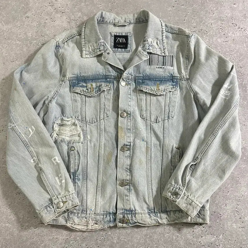 [BUNJANG] ZARA Barcode Stone Graphic Distressed Denim Jacket / 자라 바코드 석상 그래픽 디스트로이드 데님 자켓
