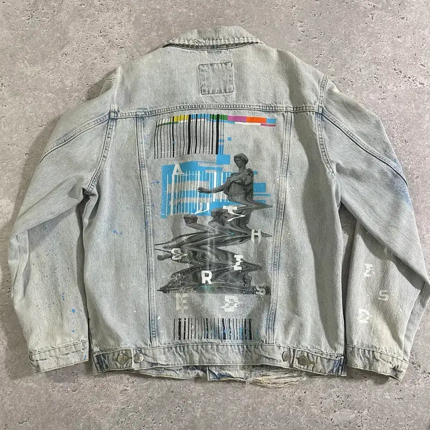 [BUNJANG] ZARA Barcode Stone Graphic Distressed Denim Jacket / 자라 바코드 석상 그래픽 디스트로이드 데님 자켓