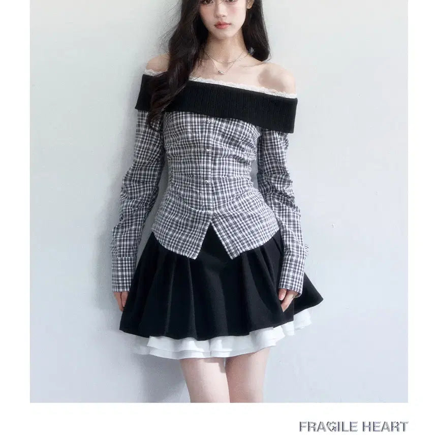 [BUNJANG] Fragile Heart Check Knit Off-Shoulder Slim Shirt / Fragile heart 프레질하트 체크 니트 오프숄더 슬림 셔츠
