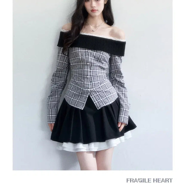 [BUNJANG] Fragile Heart Check Knit Off-Shoulder Slim Shirt / Fragile heart 프레질하트 체크 니트 오프숄더 슬림 셔츠