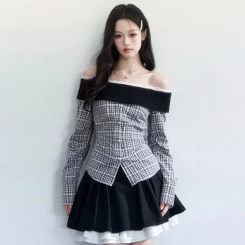 [BUNJANG] Fragile Heart Check Knit Off-Shoulder Slim Shirt / Fragile heart 프레질하트 체크 니트 오프숄더 슬림 셔츠