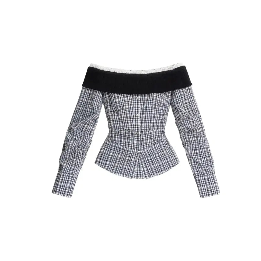 [BUNJANG] Fragile Heart Check Knit Off-Shoulder Slim Shirt / Fragile heart 프레질하트 체크 니트 오프숄더 슬림 셔츠