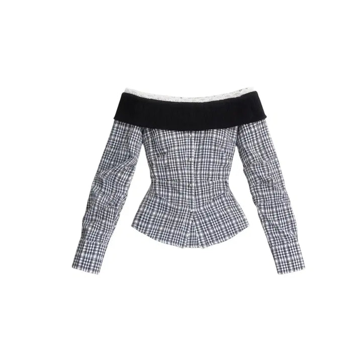 [BUNJANG] Fragile Heart Check Knit Off-Shoulder Slim Shirt / Fragile heart 프레질하트 체크 니트 오프숄더 슬림 셔츠