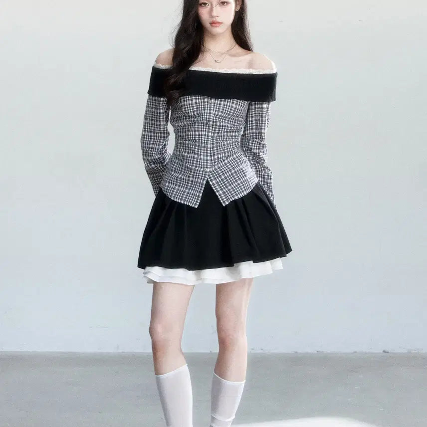 [BUNJANG] Fragile Heart Check Knit Off-Shoulder Slim Shirt / Fragile heart 프레질하트 체크 니트 오프숄더 슬림 셔츠