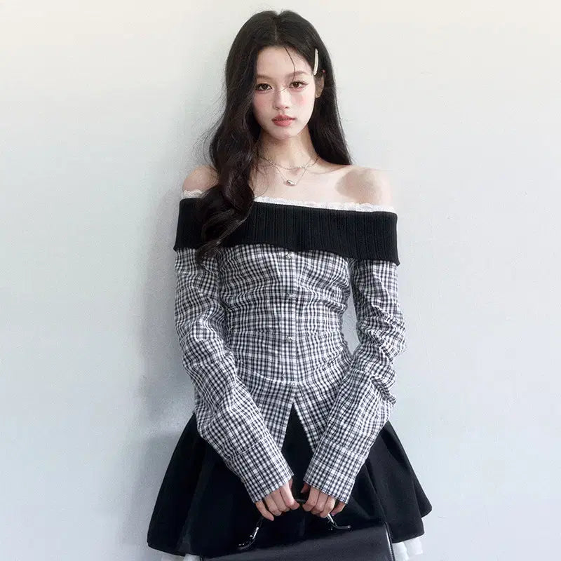 [BUNJANG] Fragile Heart Check Knit Off-Shoulder Slim Shirt / Fragile heart 프레질하트 체크 니트 오프숄더 슬림 셔츠