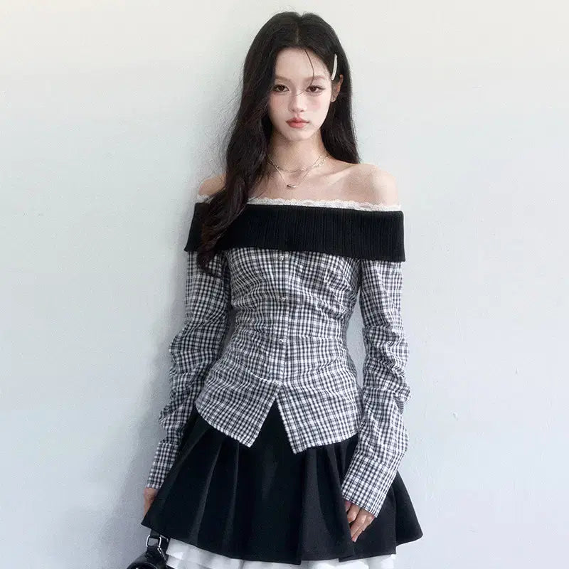 [BUNJANG] Fragile Heart Check Knit Off-Shoulder Slim Shirt / Fragile heart 프레질하트 체크 니트 오프숄더 슬림 셔츠