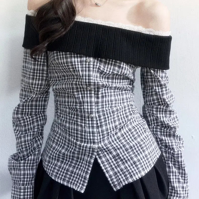 [BUNJANG] Fragile Heart Check Knit Off-Shoulder Slim Shirt / Fragile heart 프레질하트 체크 니트 오프숄더 슬림 셔츠