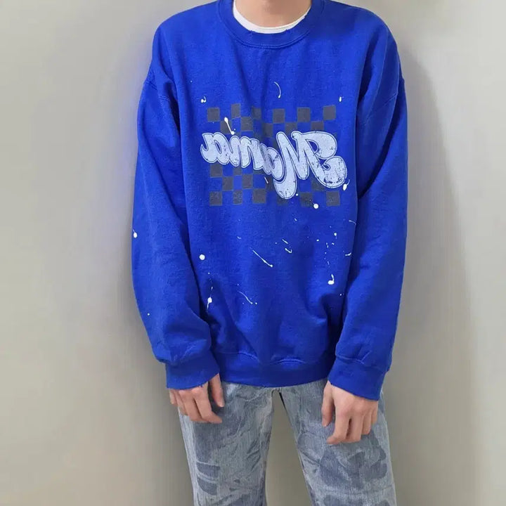 [BUNJANG] Handwork Royal Blue Painting Sweatshirt / 핸드워크 로얄 블루 페인팅 맨투맨 티셔츠