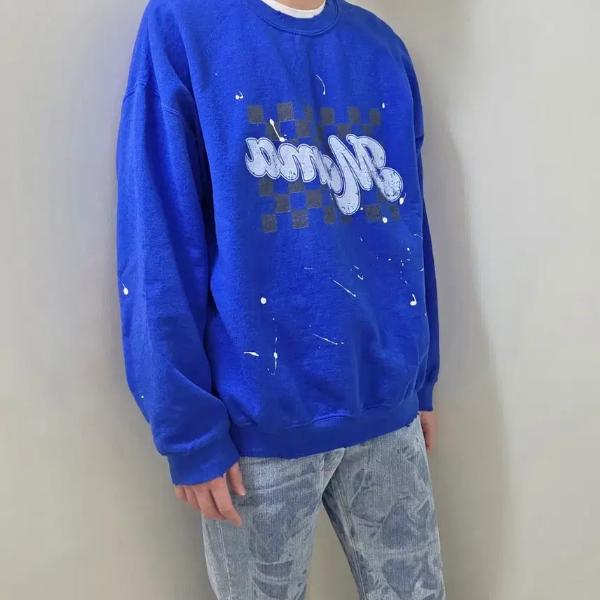 [BUNJANG] Handwork Royal Blue Painting Sweatshirt / 핸드워크 로얄 블루 페인팅 맨투맨 티셔츠