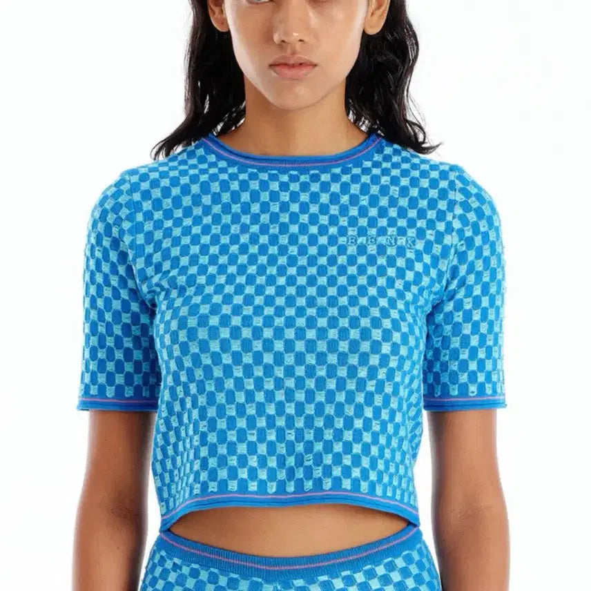 [BUNJANG] EENK Gingham Knit Top Blue (S) / Eenk 깅엄 니트 탑 블루 S