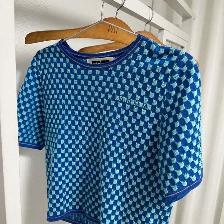 [BUNJANG] EENK Gingham Knit Top Blue (S) / Eenk 깅엄 니트 탑 블루 S