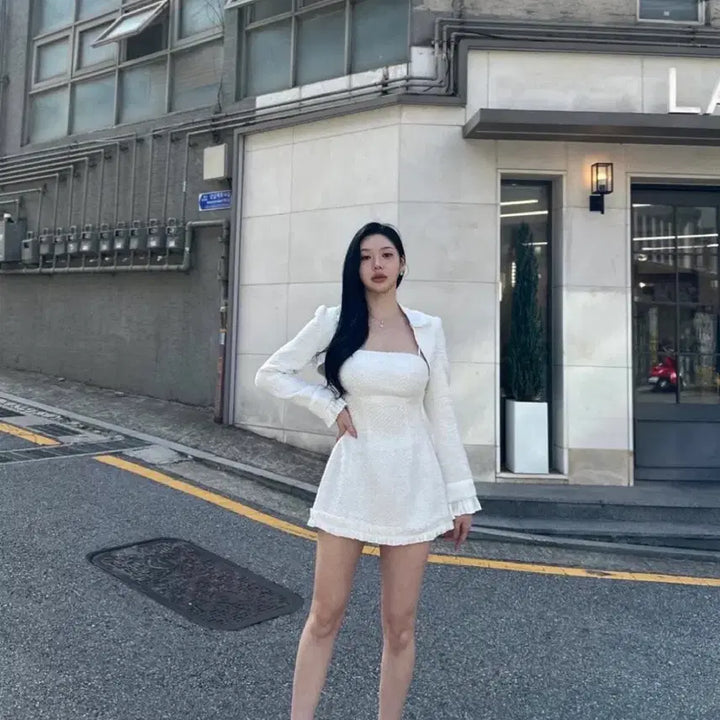 [BUNJANG] White Tweed Mini Dress Jacket / ㅇ화이트 트위드 미니 원피스 자켓