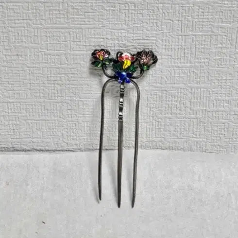 [BUNJANG] Antique Korean Silver Cloisonne Hairpin Set / 옛날 순은 칠보 뒷꽂이 쌍뒷꽂이 화문비녀 은비녀 목단꽃 비녀
