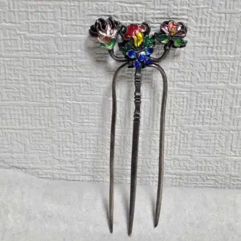 [BUNJANG] Antique Korean Silver Cloisonne Hairpin Set / 옛날 순은 칠보 뒷꽂이 쌍뒷꽂이 화문비녀 은비녀 목단꽃 비녀