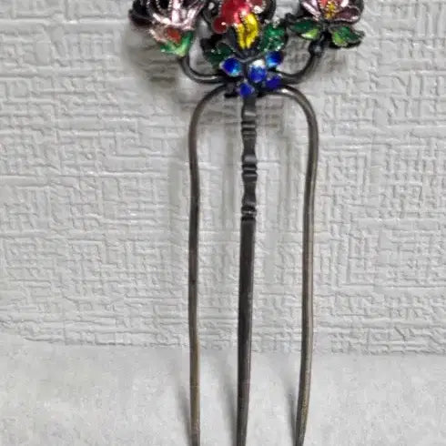 [BUNJANG] Antique Korean Silver Cloisonne Hairpin Set / 옛날 순은 칠보 뒷꽂이 쌍뒷꽂이 화문비녀 은비녀 목단꽃 비녀