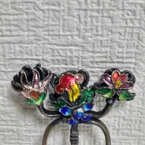 [BUNJANG] Antique Korean Silver Cloisonne Hairpin Set / 옛날 순은 칠보 뒷꽂이 쌍뒷꽂이 화문비녀 은비녀 목단꽃 비녀