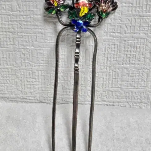 [BUNJANG] Antique Korean Silver Cloisonne Hairpin Set / 옛날 순은 칠보 뒷꽂이 쌍뒷꽂이 화문비녀 은비녀 목단꽃 비녀