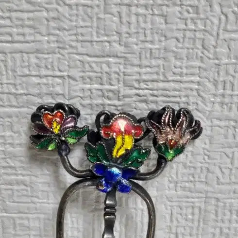 [BUNJANG] Antique Korean Silver Cloisonne Hairpin Set / 옛날 순은 칠보 뒷꽂이 쌍뒷꽂이 화문비녀 은비녀 목단꽃 비녀
