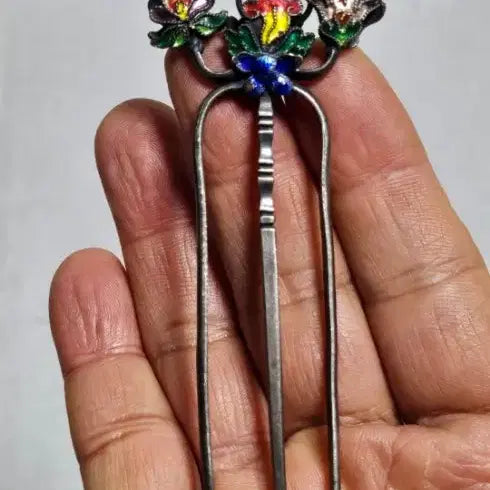 [BUNJANG] Antique Korean Silver Cloisonne Hairpin Set / 옛날 순은 칠보 뒷꽂이 쌍뒷꽂이 화문비녀 은비녀 목단꽃 비녀