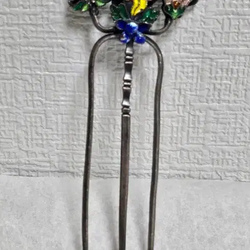 [BUNJANG] Antique Korean Silver Cloisonne Hairpin Set / 옛날 순은 칠보 뒷꽂이 쌍뒷꽂이 화문비녀 은비녀 목단꽃 비녀