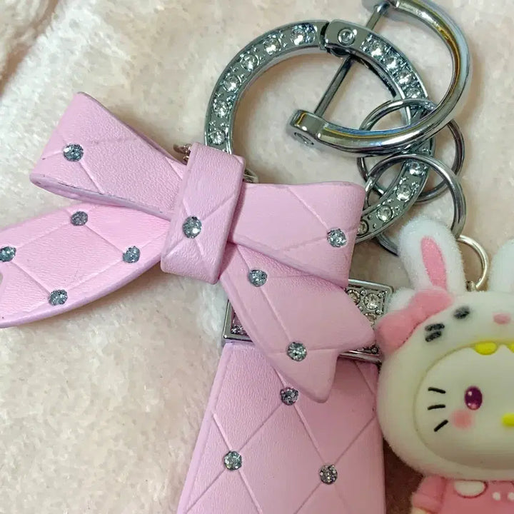 [BUNJANG] Kitty Rabbit Leather Keyring (Glow-in-the-Dark) / 후로킹 토끼 키티 리본 가죽 키링 (야광)