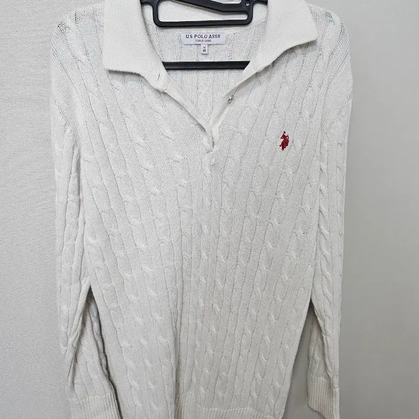 [BUNJANG] US Polo Assn. Cable Knit Polo Shirt White / US폴로 아슨 꽈배기 카라 니트 화이트