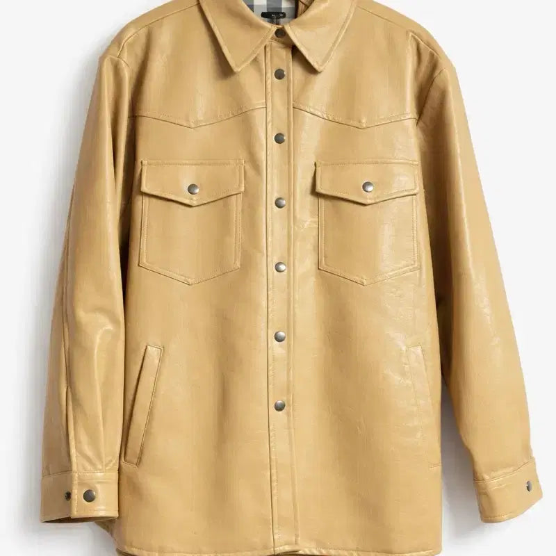 [BUNJANG] Mari Market Leather Shirt Jacket Beige Burberry Pattern / 마리마켓 레더 셔츠 자켓 베이지 안감 버버* 패턴