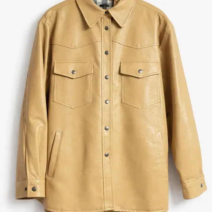 [BUNJANG] Mari Market Leather Shirt Jacket Beige Burberry Pattern / 마리마켓 레더 셔츠 자켓 베이지 안감 버버* 패턴
