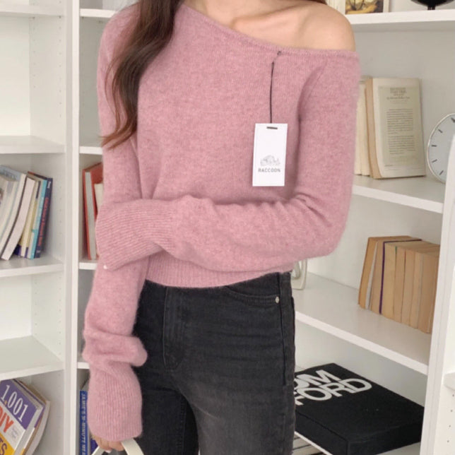 [BUNJANG] Gracia One-Shoulder Raccoon Knit Top / 그라시아 원숄더 라쿤 여리여리 니트 free
