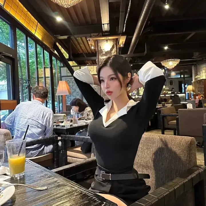 [BUNJANG] A-bly White Collar Knit Shirt / 블랙 배색 니트 셔츠 화이트 카라 티셔츠(페이크 일체형) 에이블리 엘포