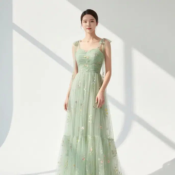 [BUNJANG] Green Floral Dress - Wedding/Ceremony Rental / 졸업사진 그린 플라워 드레스 웨딩 컨셉사진 2부 피로연 졸업사진 연주회