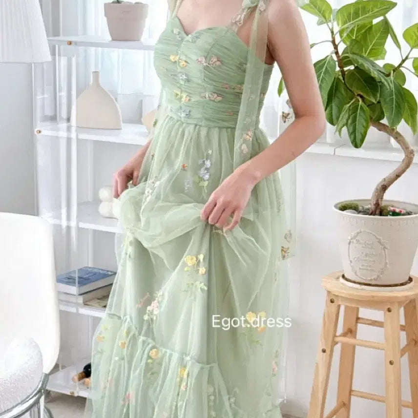 [BUNJANG] Green Floral Dress - Wedding/Ceremony Rental / 졸업사진 그린 플라워 드레스 웨딩 컨셉사진 2부 피로연 졸업사진 연주회