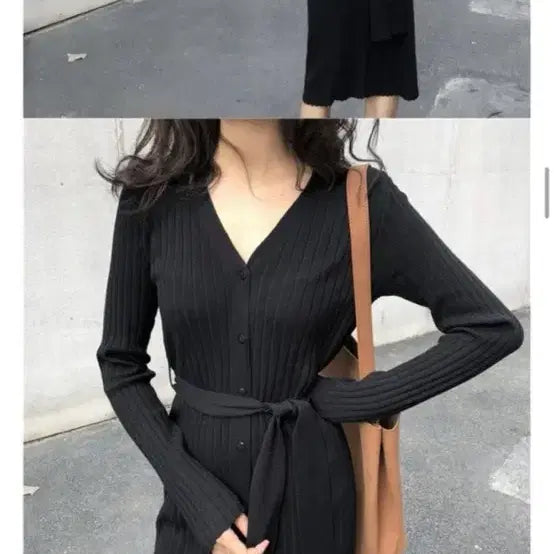 [BUNJANG] V-Neck Ribbed Button Long Sleeve Knit Dress Black / 브이넥 골지 단추 긴팔 니트 롱 원피스 블랙