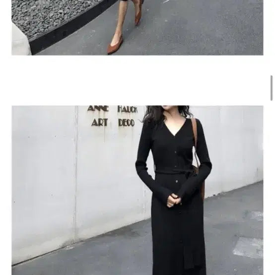 [BUNJANG] V-Neck Ribbed Button Long Sleeve Knit Dress Black / 브이넥 골지 단추 긴팔 니트 롱 원피스 블랙