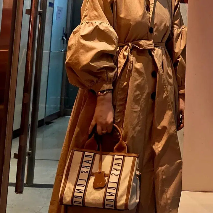[BUNJANG] Khaki Puff Sleeve Belted Trench Dress Coat / 봄 트렌치 원피스 코트 / 카키 퍼프소매 벨트코트