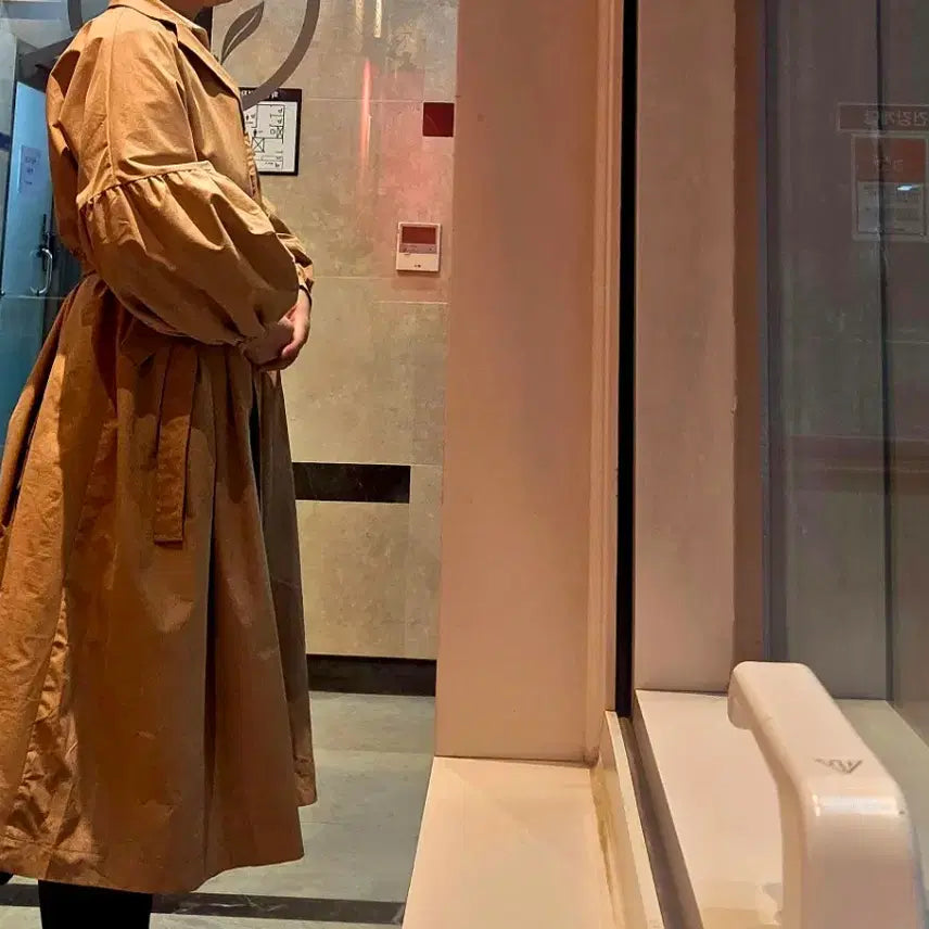 [BUNJANG] Khaki Puff Sleeve Belted Trench Dress Coat / 봄 트렌치 원피스 코트 / 카키 퍼프소매 벨트코트
