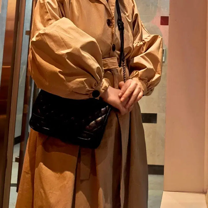 [BUNJANG] Khaki Puff Sleeve Belted Trench Dress Coat / 봄 트렌치 원피스 코트 / 카키 퍼프소매 벨트코트