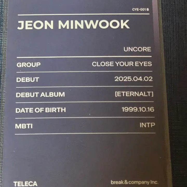[BUNJANG] Jeon Min Wook Tereca Close Your Eyes Photocard / 전민욱 테레카 Close Your Eyes 포토카드