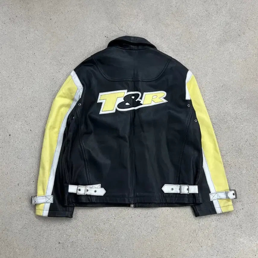 [BUNJANG] T.P.C. Big Logo Color Block Cow Leather Jacket / 티피코시 빅로고 배색 카우 레더 자켓