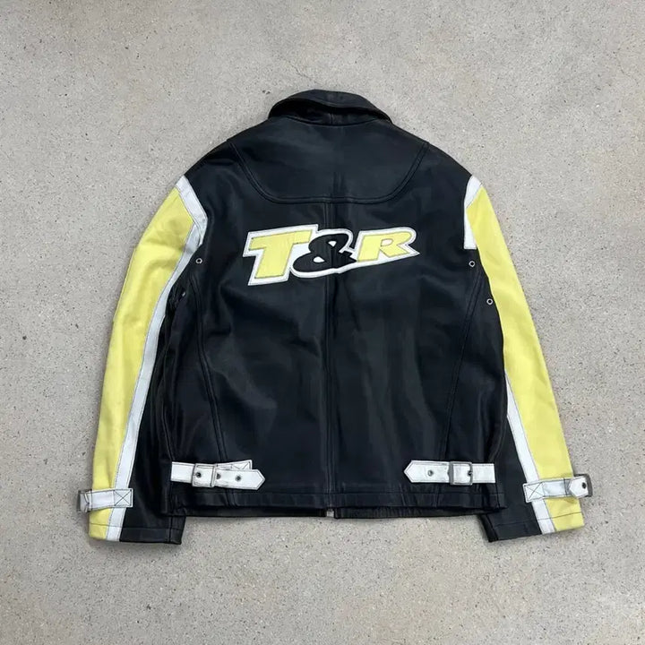 [BUNJANG] T.P.C. Big Logo Color Block Cow Leather Jacket / 티피코시 빅로고 배색 카우 레더 자켓